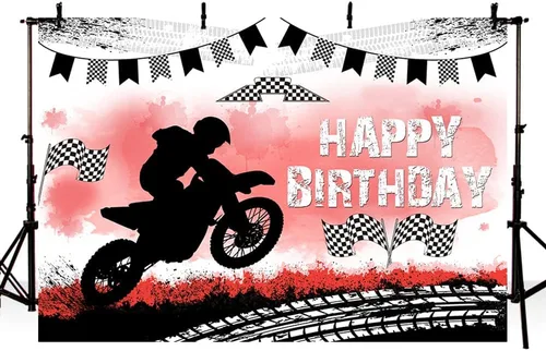 Miniatura 2 de MEHOFOND Telón de fondo de feliz cumpleaños, decoración de fiesta de motocross, telón de fondo de pista de neumáticos de motocicleta, suministros