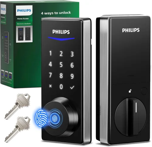 Philips Cerradura de puerta electrónica de huellas dactilares, cerradura de puerta de entrada sin llave con pantalla táctil, batería de larga Níquel