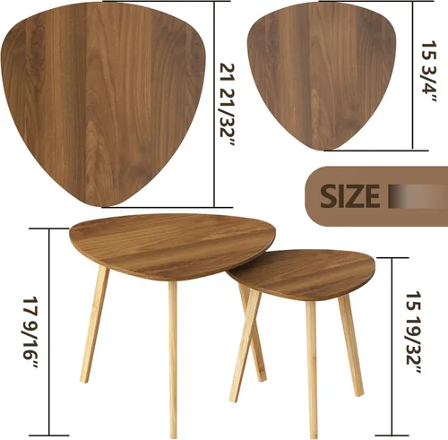Miniatura 2 de BAMEOS Mesa auxiliar triangular anidable de bambú, juego de 2 mesas de café modernas y minimalistas para sala de estar (Nogal)
