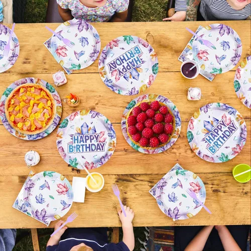 Miniatura 7 de 96 piezas de decoraciones de fiesta de cumpleaños de cristal, con gemas moradas, platos y servilletas de diamante, juegos de vajilla de geología