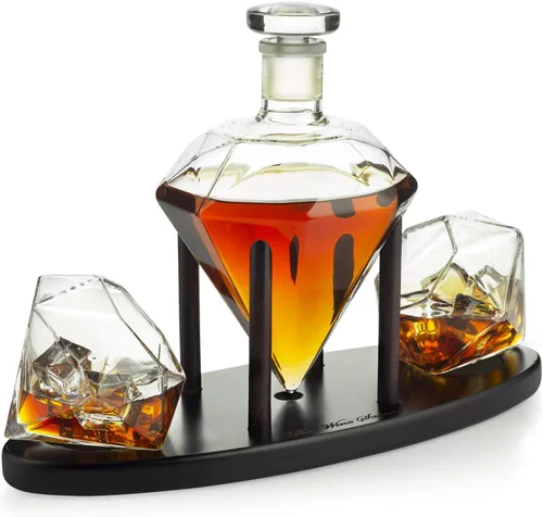 The Wine Savant - Decantador de whisky en forma de diamante, con 2 copas en forma de diamante, para licor, escocés, ron, bourbon, vodka, tequila