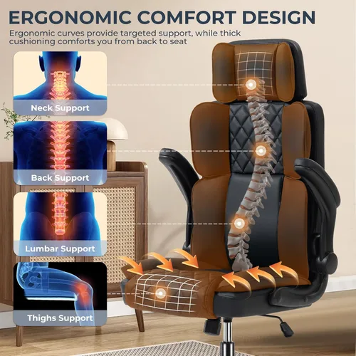 Miniatura 4 de Silla de oficina con reposacabezas ajustable, silla de escritorio ejecutiva de cuero para oficina en casa, con brazos abatibles y soporte lumbar
