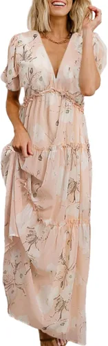 Amegoya Vestido largo casual de manga corta con cuello en V para mujer, diseño floral, estilo bohemio, para la playa, sesión de fotos, con volantes