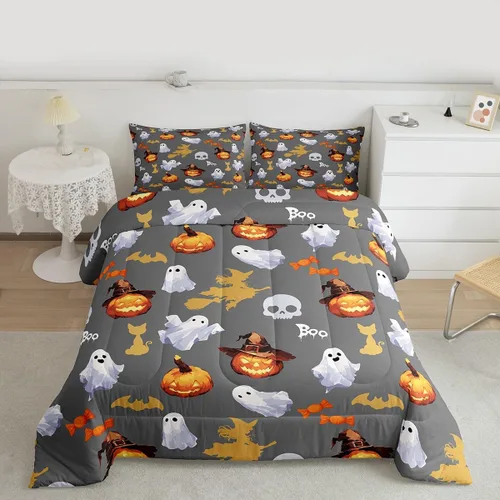 Miniatura 10 de Juego de edredón rosa con temática de Halloween, tamaño individual, edredón de farol de calabaza para adolescentes, juego de ropa de cama de Multi