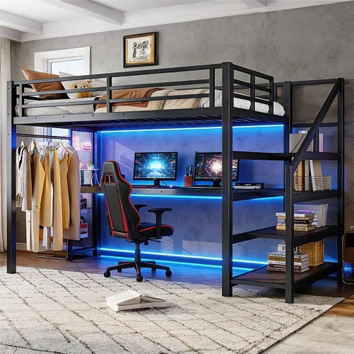 Miniatura 3 de Bellemave Cama alta individual XL con escritorio y escaleras de almacenamiento, marco de cama de metal individual XL con redes de hierro, luces LED