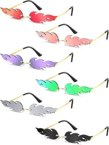 Paquete de 6 pares de lentes de sol de llama de fuego lentes de sol novedosos sin montura en forma de fuego para mujeres y hombres