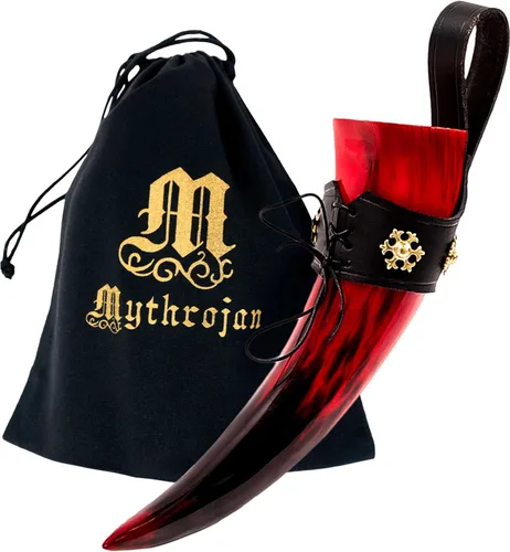 Mythrojan The Red Witch - Cuerno vikingo con soporte de cuero negro, taza de vino vikingo/hidromiel inspirada en la Edad Media, acabado pulido, 6.8