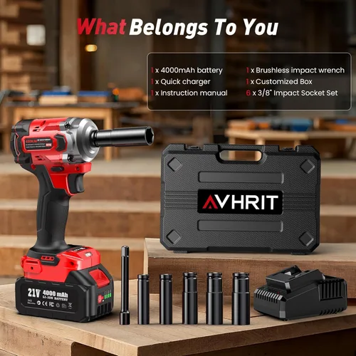 Miniatura 8 de Llave de impacto inalámbrica de 3/8 pulgada, pistola de impacto eléctrica de 450 N.m/ 330 Ft-lbs con motor sin escobillas, batería de 4000 mAh