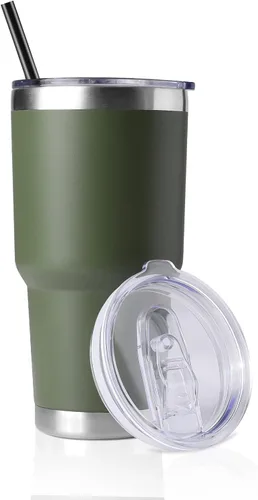 Miniatura 20 de DOMICARE Vaso de 30 oz con tapa y pajita, vasos de acero inoxidable a granel, aislado al vacío de doble pared para café, vaso duradero