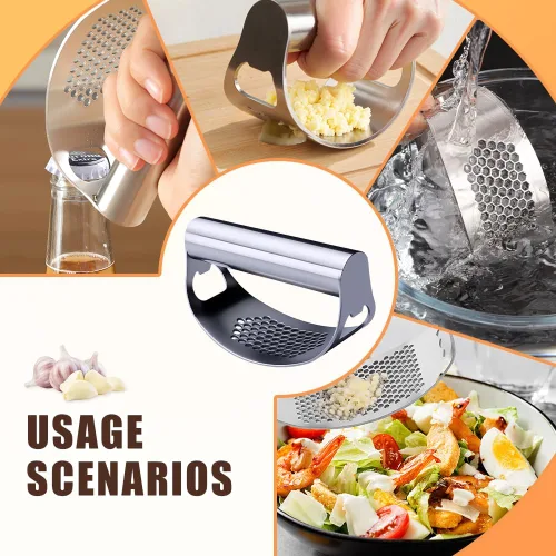 Miniatura 6 de Balancín de prensa de ajo de acero inoxidable, herramienta ergonómica de alta resistencia con pelador y cepillo para aplastar ajo, abridor de 2Sets