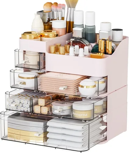 SuoXing Organizador de maquillaje para tocador, organizador de maquillaje grande con 6 cajones para mostrador, organizador de almacenamiento de Rosa