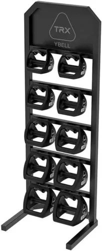 TRX YBell - Juego de pesas rusas de neopreno, paquete de 10 piezas con estante vertical, pesas rusas 3 en 1, mancuernas y barra de levantamiento de