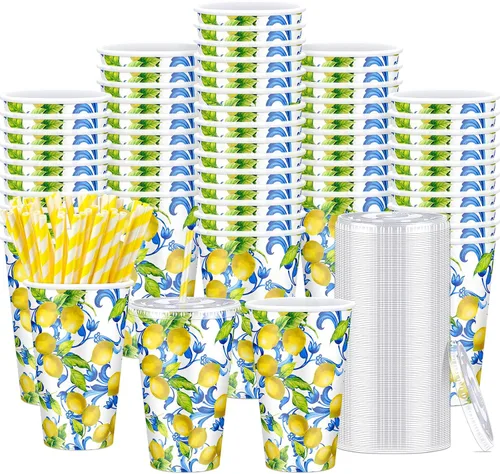 Miniatura 9 de Tessco - Juego de 50 vasos de papel Capri Lemon con tapas y pajitas, 12 onzas, azulejos azules italianos, tazas frías de limón italiano para fiesta