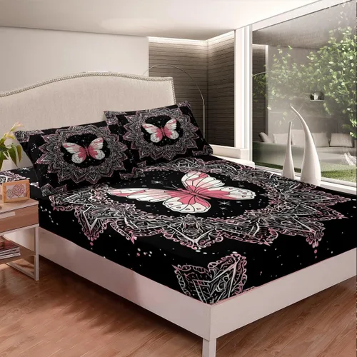 Miniatura 3 de Feelyou Juego de sábanas de mariposa tamaño individual para niños y niñas, juego de sábanas de mandala bohemio para niños, sábanas negras y rosas