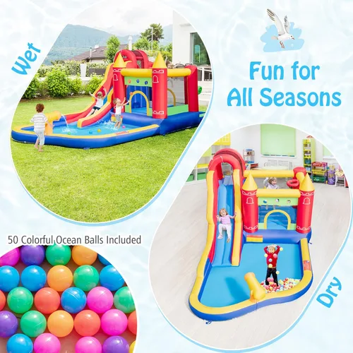 Miniatura 3 de HONEY JOY Tobogán acuático inflable, casa de rebote de tobogán acuático 9 en 1 con piscina de salpicaduras, tobogán largo, pozo de bolas con 50