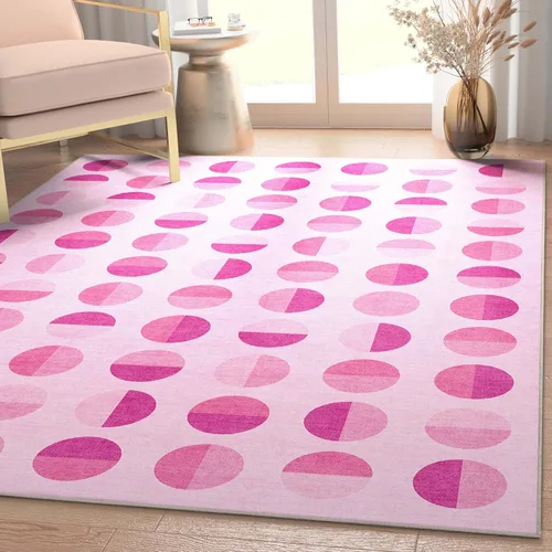Well Woven Apollo - Alfombra lavable de 3 pies 3 pulgadas x 5 pies, círculos modernos color rosa intenso, para sala de estar, dormitorio y oficina