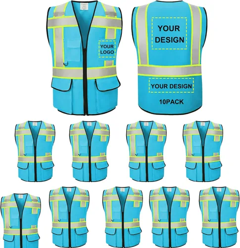Miniatura 26 de Chaleco Reflectante Clase 2 de Seguridad ANSI con Bolsillos y Cremallera de Alta Visibilidad Uniforme de Construcción K-azul