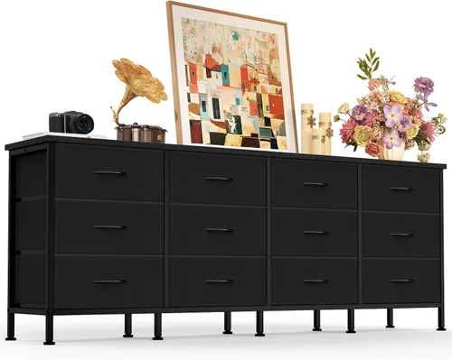 DUMOS Soporte de TV para dormitorio con soporte de TV de almacenamiento para sala de estar, color negro, cómoda de 12 cajones, centro de