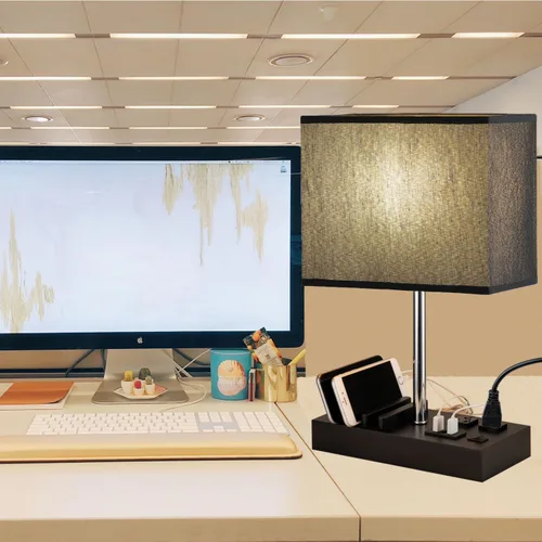 Miniatura 3 de Briever Lámpara de mesa USB, lámpara multifuncional de mesita de noche con 2 salidas de CA, 3 puertos de carga USB y organizador de soporte