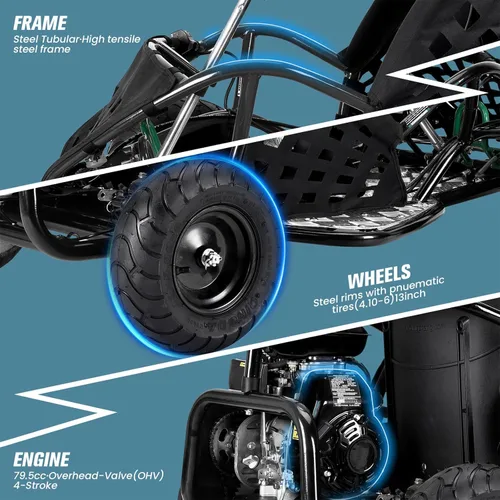 Miniatura 6 de HOVER HEART 79cc 4-Stroke Gas Go Kart, 2.5HP todoterreno GoKart aprobado por EPA con marco tubular de acero, cinturón de seguridad, neumáticos todo