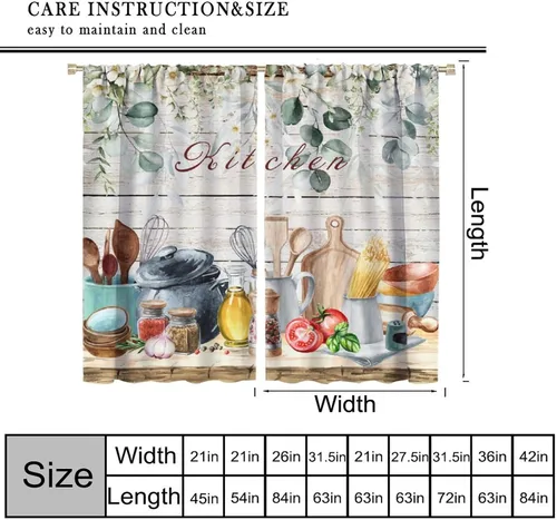 Miniatura 2 de Cortinas de cocina estilo retro, 2 paneles con bolsillo para cortinero, decoración de dormitorio, cocina, cafetería, 42 pulgadas de ancho x 45
