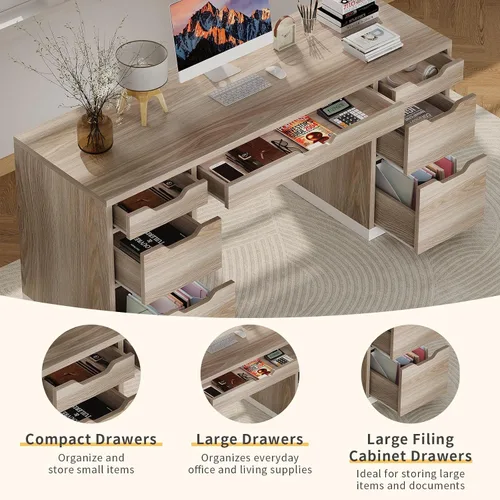 Miniatura 4 de MaverickFurni - Escritorio de computadora con cajones de almacenamiento, escritorio ejecutivo de 54 pulgadas con 7 cajones para dormitorio
