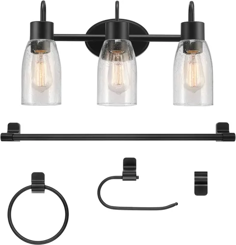Miniatura 17 de GLOBE Electric 63000062 - Juego de baño todo en uno de 5 piezas, negro mate y latón, luz de tocador de 3 luces, vidrio sembrado, toallero, soporte