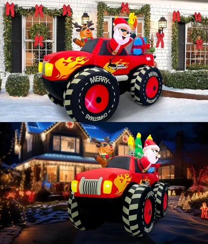 Miniatura 7 de EAONE Decoración inflable de Navidad de 7 pies para exteriores, Papá Noel inflable y renos en Monster Truck, decoración de patio inflable con luces