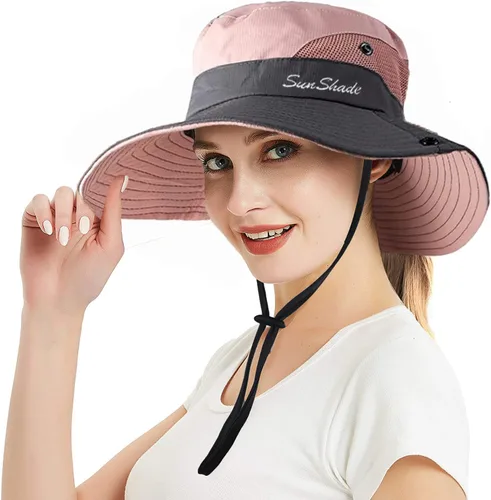 Miniatura 17 de Sombrero de sol de verano para mujer, cola de caballo – Protección UV de malla de ala ancha plegable con agujero para cola de caballo