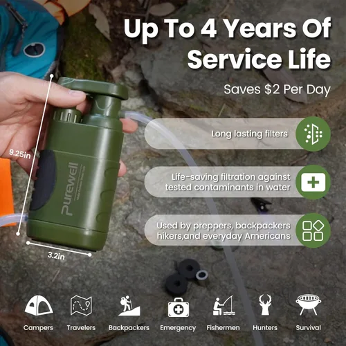 Miniatura 8 de Purewell Bomba purificadora de mano de agua con carbono reemplazable de 0.01 micrones, etapas, equipo portátil de emergencia y supervivencia al aire