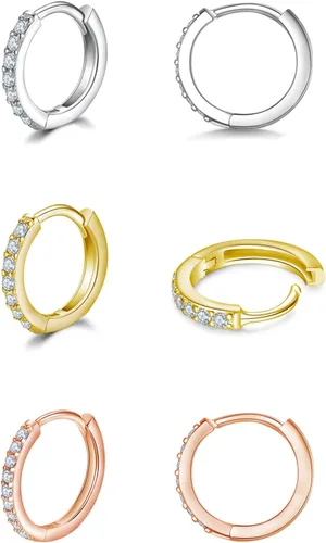 Aretes pequeños en forma de círculo de plata de ley 925 con circonia cúbica, 3 pares de aros chapados en oro blanco de 14 quilates para piercing en