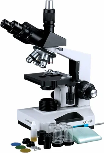 AmScope Microscopio trinocular compuesto T490, Oculares WF10x, Ampliación 40X-1000X, Brightfield, Iluminación halógena, Condensador Abbe, Etapa