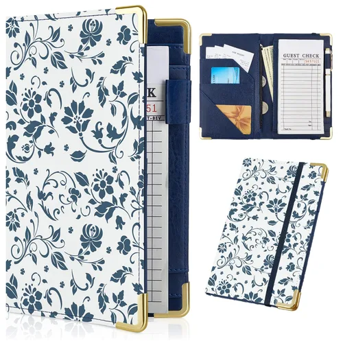 Miniatura 10 de Libros de servidor para camarera - Bonito libro de camarera con bolsillo para dinero, libro de cuero con cartera y bolsillo con cremallera. Flores a