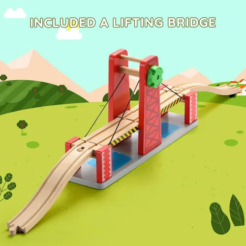 Miniatura 2 de SainSmart Jr. Juego de tren de madera para niños pequeños, pista de tren de madera de doble cara con 4 trenes compatible con Brio, Thomas, Melissa