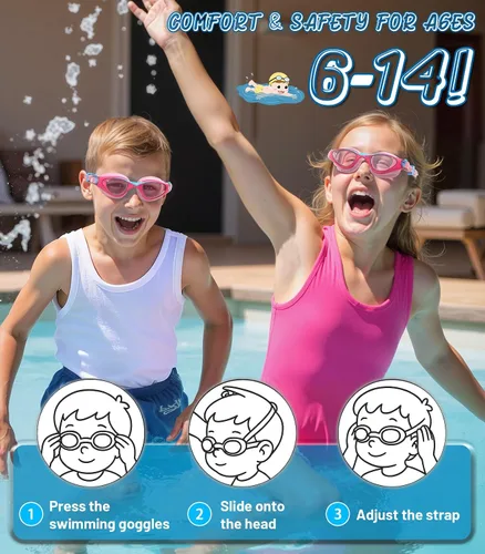 Miniatura 5 de Kids Swim Goggles, Anti-Fog UV Protection, Leakproof Adjustable Strap Swimming Goggles for Boys Girls Ages 6–14 Pinkblue - Lente rosa