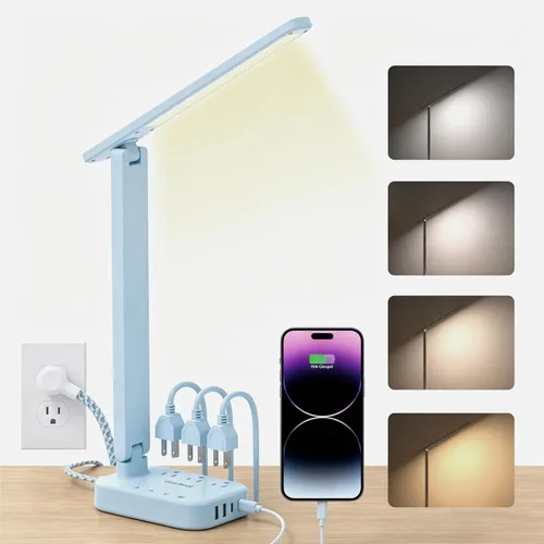 Miniatura 9 de One Beat Pequeña lámpara LED de escritorio, cable de extensión de 5 pies con 3 tomas, 4 puertos USB (2 USB C), 4 modos, lámpara táctil de 5 niveles
