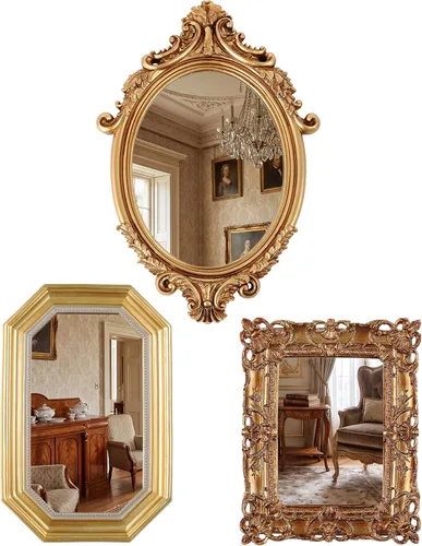 Wonderjune Juego de 3 estilos vintage de espejo dorado decorativo de pared, espejo de pared vintage antiguo para colgar y mesa con soporte para sala