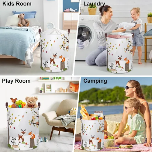 Miniatura 7 de Clastyle Cesta de lavandería de animales del bosque de 45 litros, plegable, impermeable, con asa, para habitación de los niños, ciervos de la selva