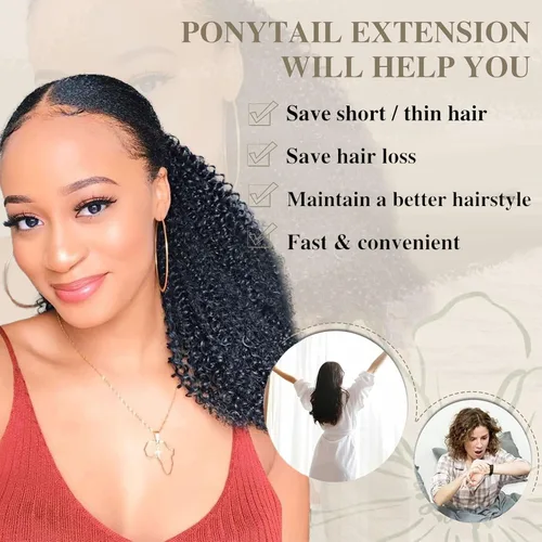 Miniatura 6 de Extensión de cola de caballo de cabello humano de 12 pulgadas con cordón rizado profundo para mujeres negras, extensión rizada 3C, color negro