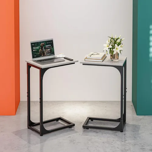 Miniatura 10 de Mesa auxiliar en forma de C para sofá, soporte de café pequeño, bandeja de sofá con marco de metal, parte superior de madera impermeable resistente