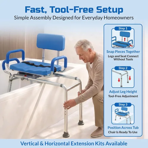 Miniatura 4 de Banco de transferencia deslizable para ducha con asiento giratorio Carousel, bariátrico, acolchado premium con apoyabrazos giratorios, alta