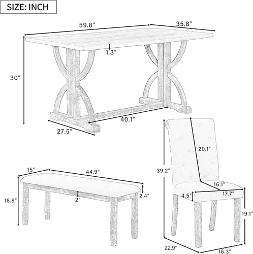 Miniatura 3 de LUMISOL Juego de mesa de comedor de 6 piezas con banco, mesa de cocina de granja con 4 sillas tapizadas copetudas y banco, juego de mesa de comedor