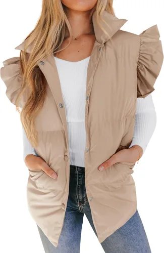 Miniatura 3 de Meyhad Chaleco acolchado de manga con volantes para mujer, chaleco acolchado sin mangas
