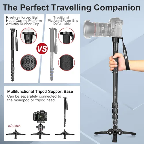 Miniatura 2 de Manbily Monopods for Cameras with Feet, 5 Sections, 67'', Max Load 15.43lb, Camera Monopod Extendable Portable Travel Aluminum for DSLR Canon Nikon