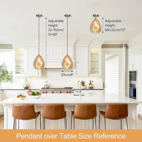 Miniatura 3 de Iluminación colgante dorada con pantalla de vidrio martillado ámbar, lámpara colgante Art Deco de 1 luz para isla de cocina, comedor, dormitorio