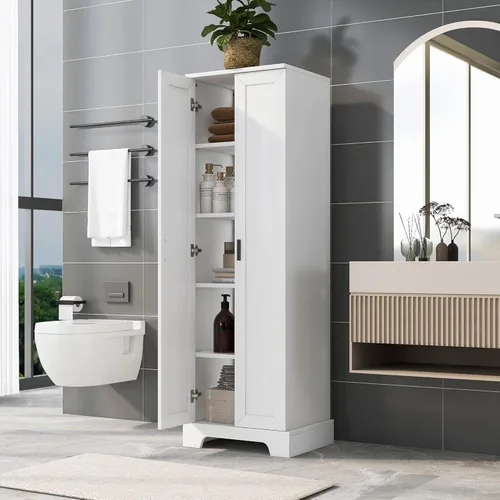 Armario de almacenamiento/despensa, almacenamiento alto de madera con dos puertas con estantes ajustables, armario de despensa de cocina Blanco
