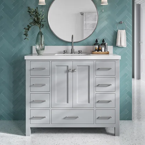 Miniatura 11 de DKB Isabella - Mueble de baño negro de 42 pulgadas con fregadero, lavabo rectangular, encimera de cuarzo blanco puro y protector contra salpicaduras