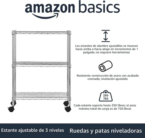 Miniatura 3 de Amazon Basics Amazon Basics 3 Shelf Heavy Duty Shelving Storage Unit On 2 ' Wheel Casters Metal Organizer Wire