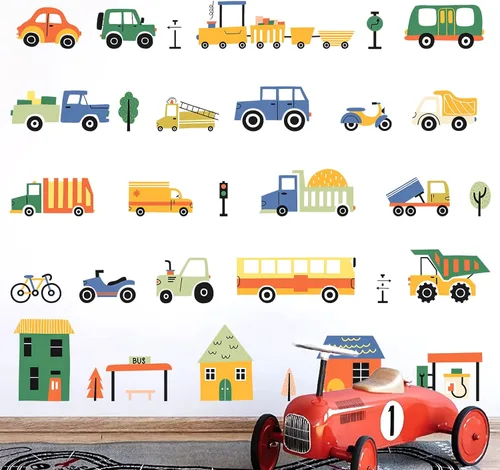 Calcomanías de pared extraíbles de vehículos de ciudad de dibujos animados para decoración de pared de habitación de niños, vehículos de transporte,