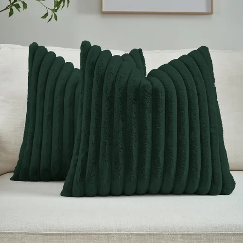 Miniatura 26 de FUTEI - Juego de 2 fundas de almohada decorativas con rayas, cuadradas, para invierno, piel sintética de conejo suave y acogedora y respaldo